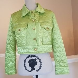CHEEK LDN Lime Satin Crop Heart Quilted Jacket EUC